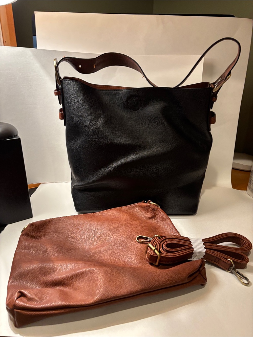 Women’s Two-Tone Shoulder Bag with Removable Brown Pouch